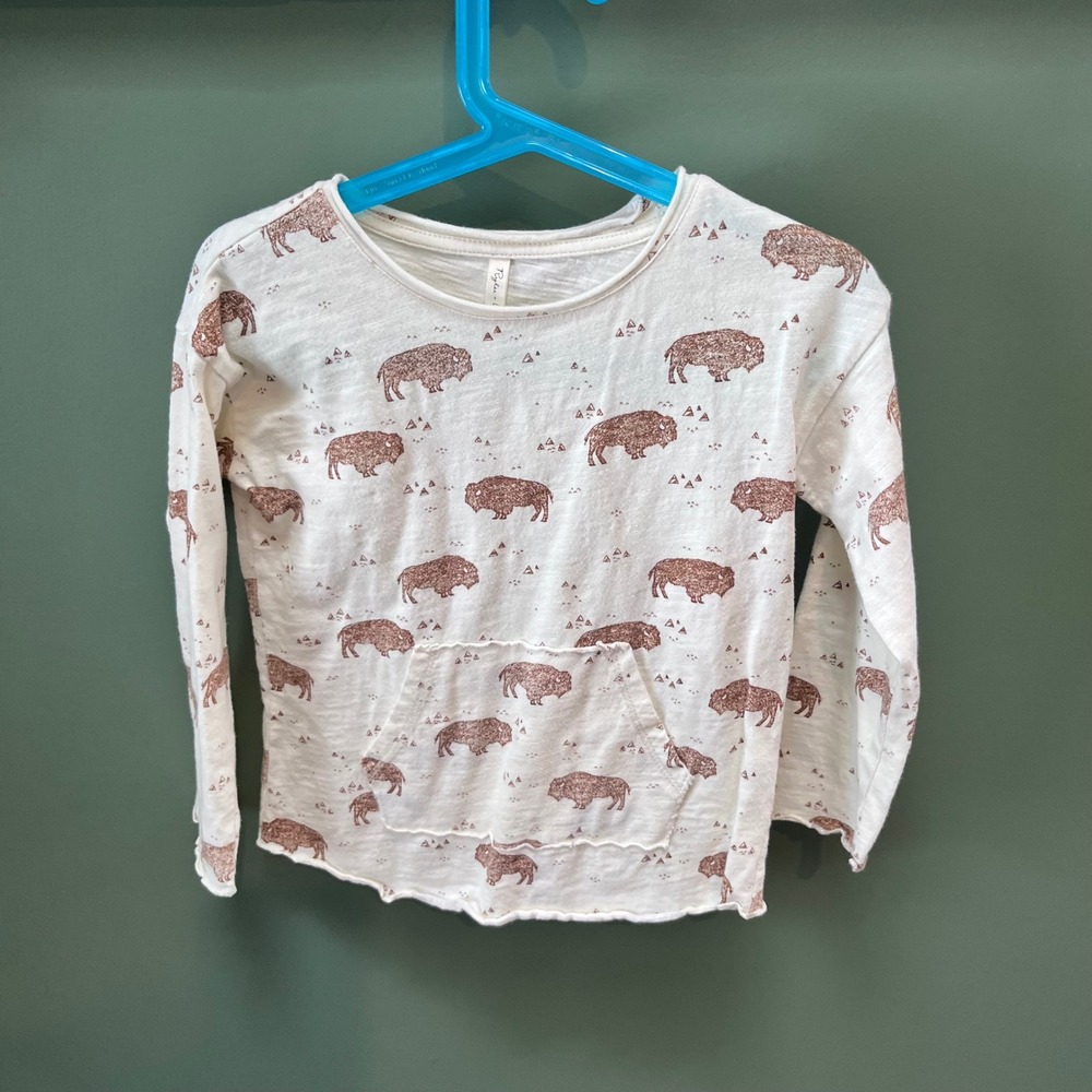 Rylee + Cru Kids Long Sleeve T-Shirt Bison Print White Size 4-5Y‎